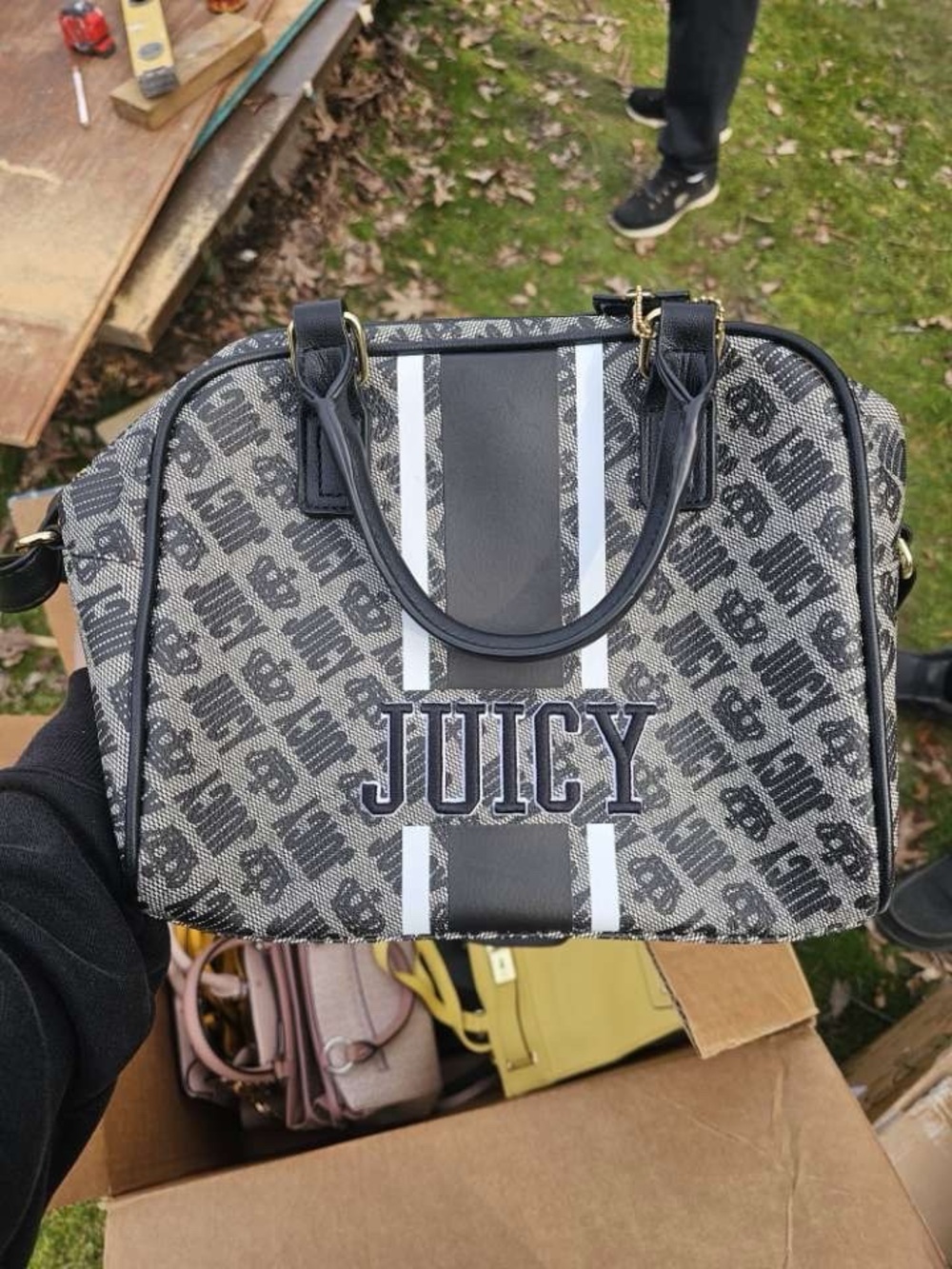 Juicy Couture Gray Logo Satchel with White Stripe Accents